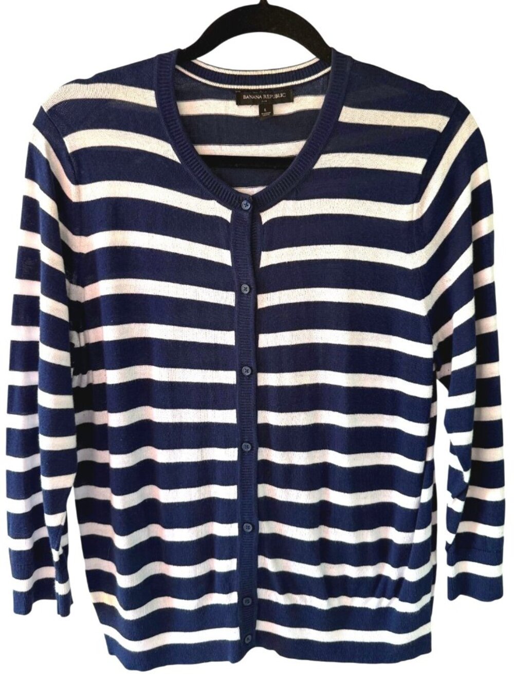 Banana Republic Womens L Cardigan Navy White Striped Button Front Classic